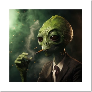 Green Alien Smoking a Cigar Posters and Art